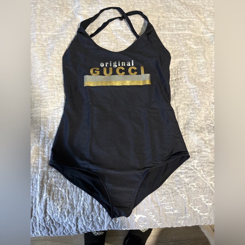 Authentic Gucci Black Swimsuit with Gold Logo
